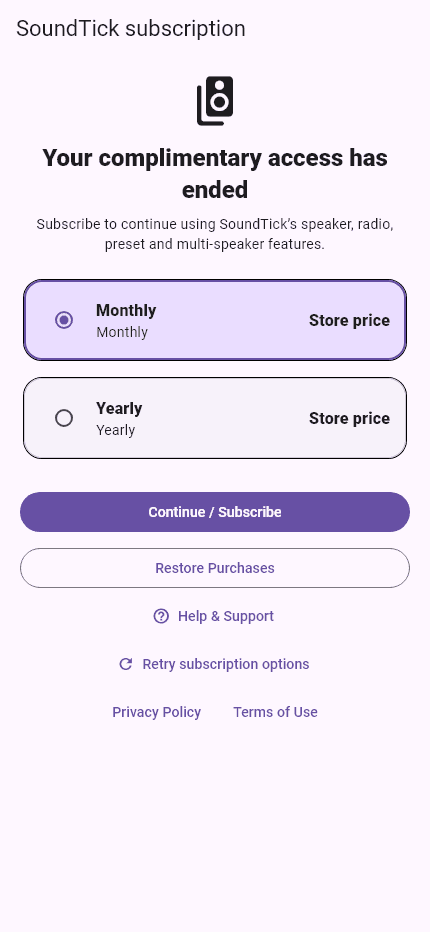 SoundTick access screen showing store-provided monthly and yearly subscription options