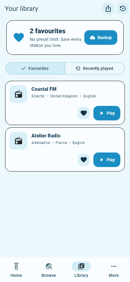 SoundTick Library screen with favourites and recently played stations