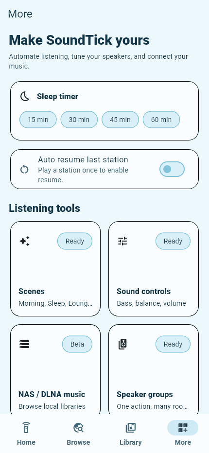 SoundTick listening tools showing speaker groups and sound controls