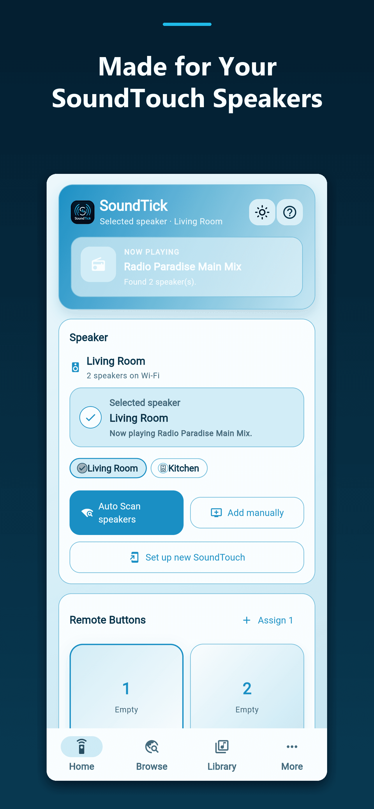 SoundTick production Home screen showing the Set up new SoundTouch control